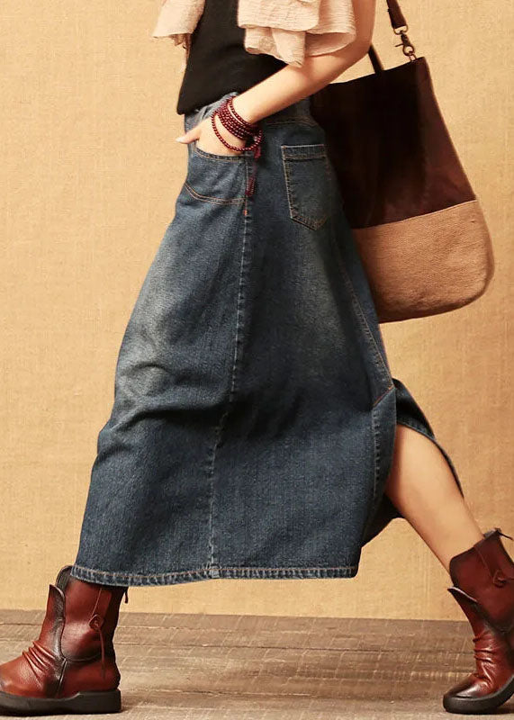 Dark Blue Patchwork Cotton Denim Skirt High Waist Side Open