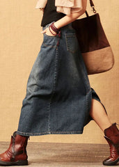 Dark Blue Patchwork Cotton Denim Skirt High Waist Side Open