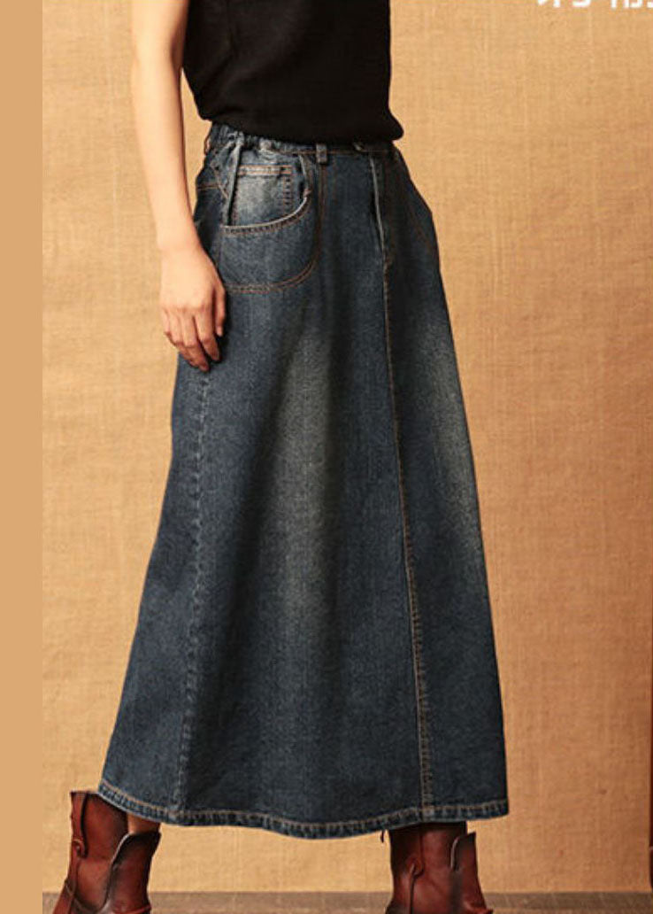 Dark Blue Patchwork Cotton Denim Skirt High Waist Side Open