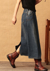 Dark Blue Patchwork Cotton Denim Skirt High Waist Side Open