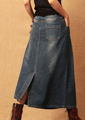 Dark Blue Patchwork Cotton Denim Skirt High Waist Side Open