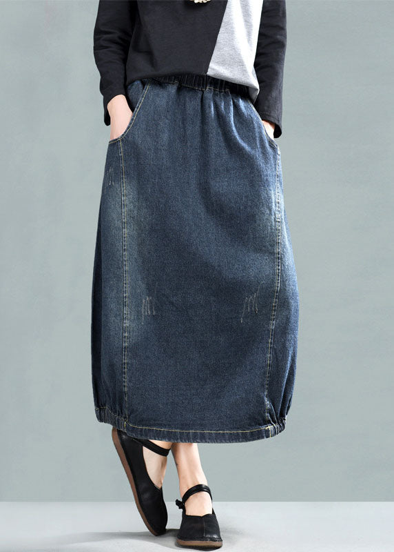 Dark Blue Patchwork Denim A Line Skirt Wrinkled