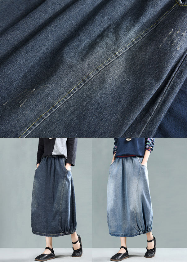 Dark Blue Patchwork Denim A Line Skirt Wrinkled