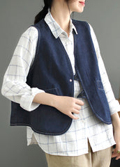 Dark Blue Pockets Patchwork Denim Waistcoat Sleeveless