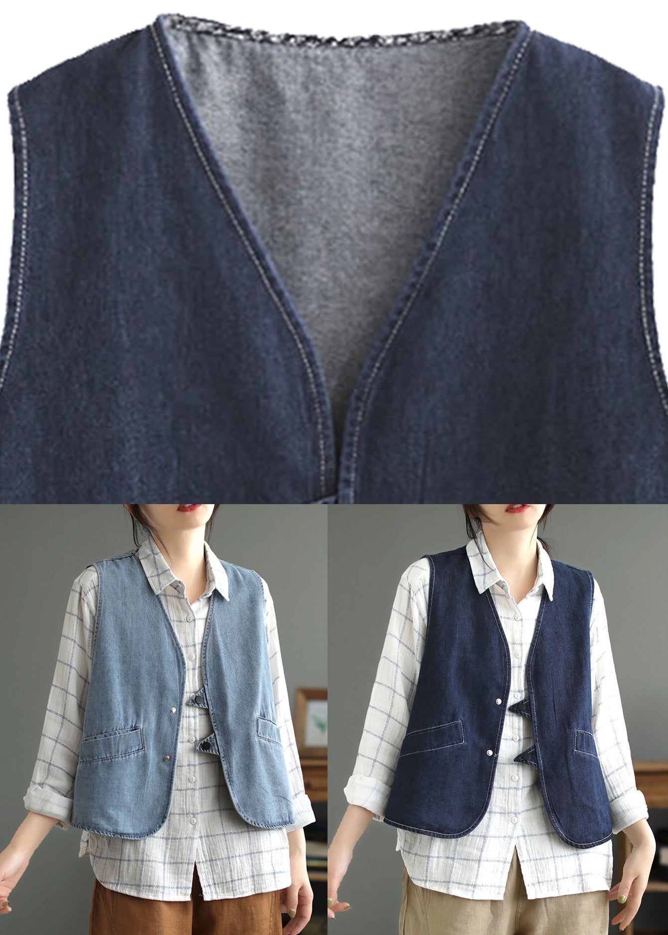 Dark Blue Pockets Patchwork Denim Waistcoat Sleeveless