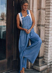 Dark Blue Pockets Patchwork Denim Wide Leg Jumpsuits