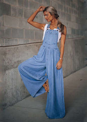 Dark Blue Pockets Patchwork Denim Wide Leg Jumpsuits