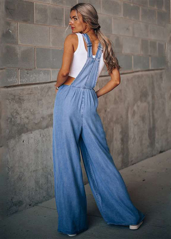 Dark Blue Pockets Patchwork Denim Wide Leg Jumpsuits