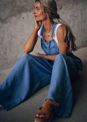 Dark Blue Pockets Patchwork Denim Wide Leg Jumpsuits