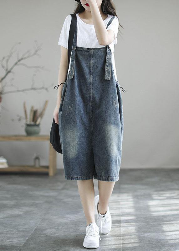 Dark Blue Retro Loose Wide Leg Crop Denim Romper