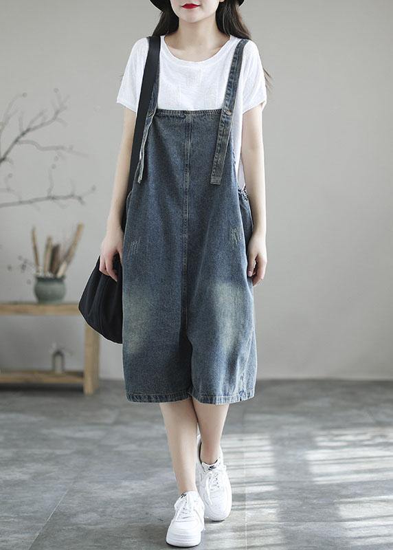 Dark Blue Retro Loose Wide Leg Crop Denim Romper