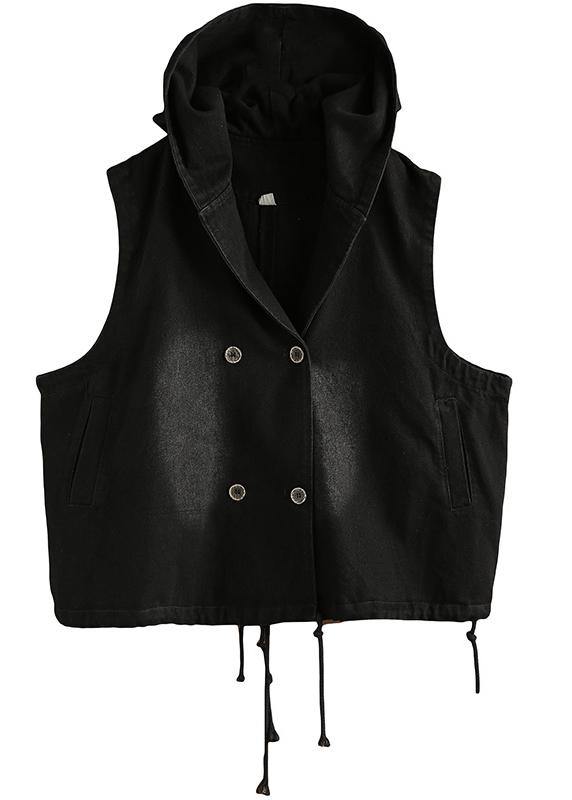 Denim Black Waistcoat 2021 Autumn Loose Large Size Tooling Double Breasted Hooded Vest