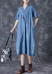 Denim Blue Cotton Robe Dresses Oversized Pockets