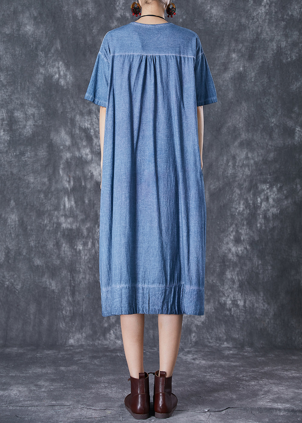 Denim Blue Cotton Robe Dresses Oversized Pockets