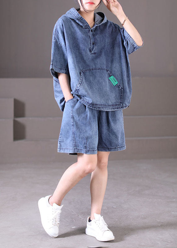 Denim Blue Cotton Tops And Shorts Two Piece Set Outfits Hooded Drawstring