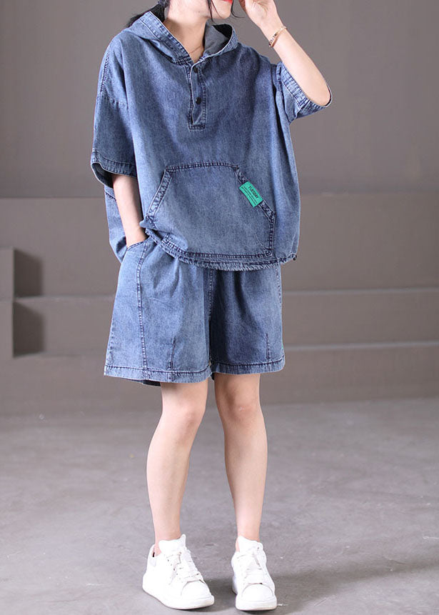 Denim Blue Cotton Tops And Shorts Two Piece Set Outfits Hooded Drawstring