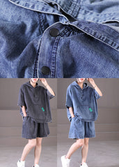 Denim Blue Cotton Tops And Shorts Two Piece Set Outfits Hooded Drawstring