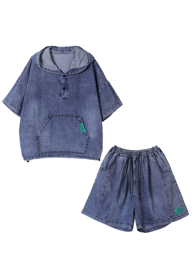 Denim Blue Cotton Tops And Shorts Two Piece Set Outfits Hooded Drawstring