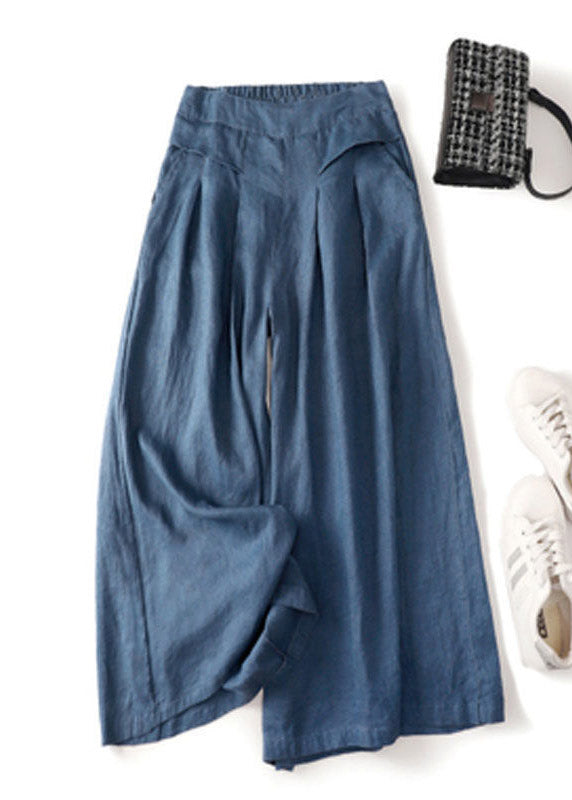 Denim Blue Linen Wide Leg Pants Pockets High Waist