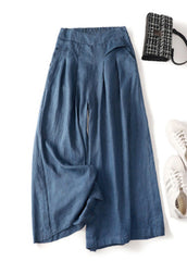 Denim Blue Linen Wide Leg Pants Pockets High Waist