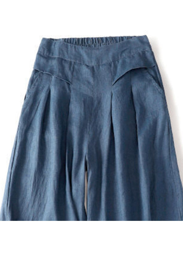 Denim Blue Linen Wide Leg Pants Pockets High Waist