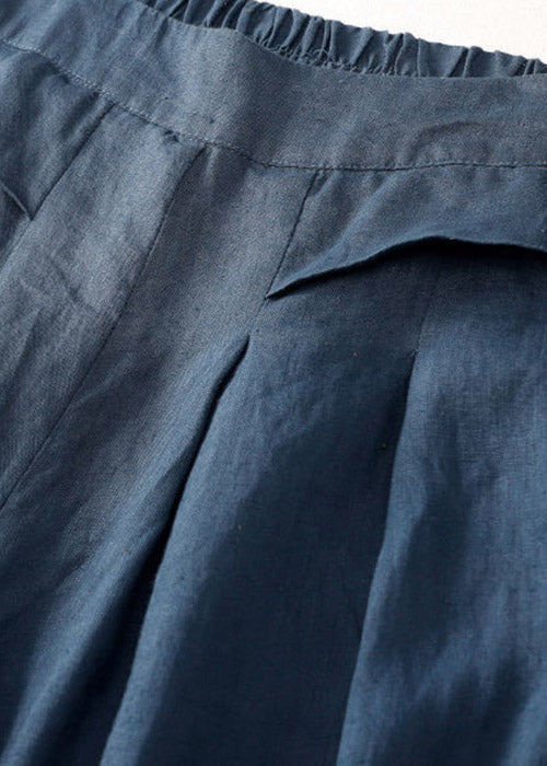 Denim Blue Linen Wide Leg Pants Pockets High Waist