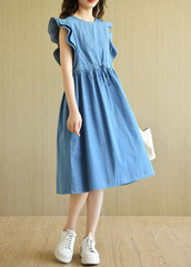 Denim Blue Loose Butterfly Sleeve Cotton Dress