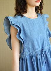 Denim Blue Loose Butterfly Sleeve Cotton Dress