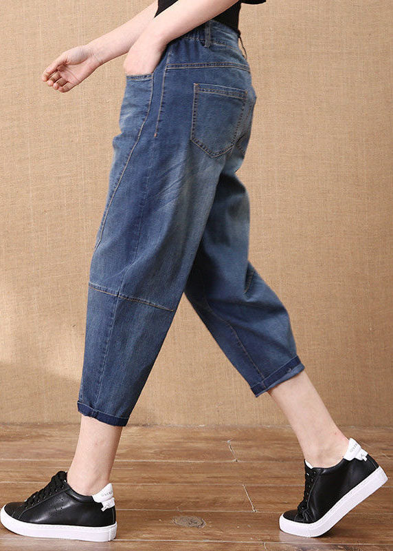 Denim Blue Patchwork Cotton Crop Pants Elastic Waist Pockets