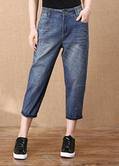 Denim Blue Patchwork Cotton Crop Pants Elastic Waist Pockets