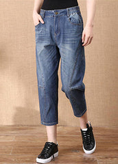 Denim Blue Patchwork Cotton Crop Pants Elastic Waist Pockets