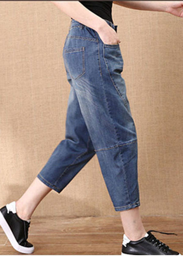 Denim Blue Patchwork Cotton Crop Pants Elastic Waist Pockets