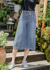 Denim Blue Pockets Cotton Wide Leg Crop Pants High Waist Cross Tie Waist