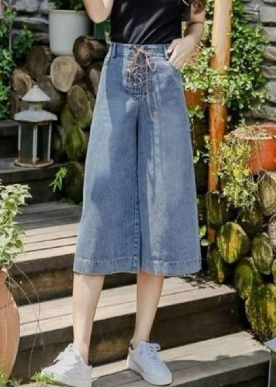 Denim Blue Pockets Cotton Wide Leg Crop Pants High Waist Cross Tie Waist