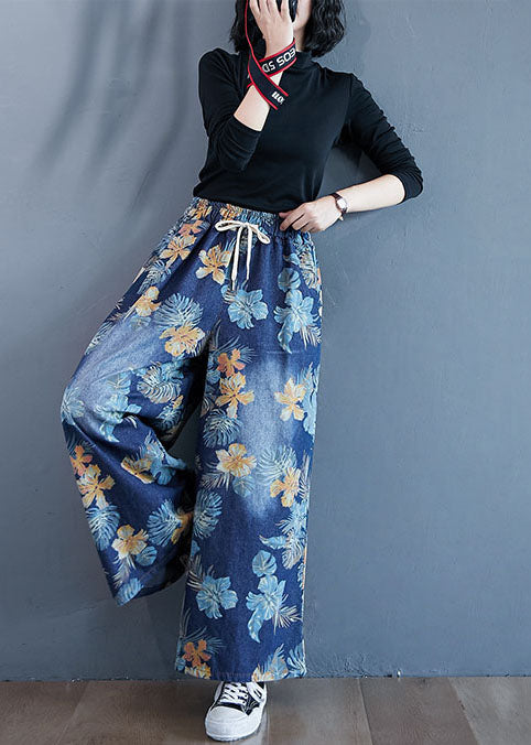 Denim Blue Print Baumwolle Wide Leg Hose Elastische Taille