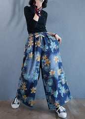 Denim Blue Print Cotton Wide Leg Pants Elastic Waist