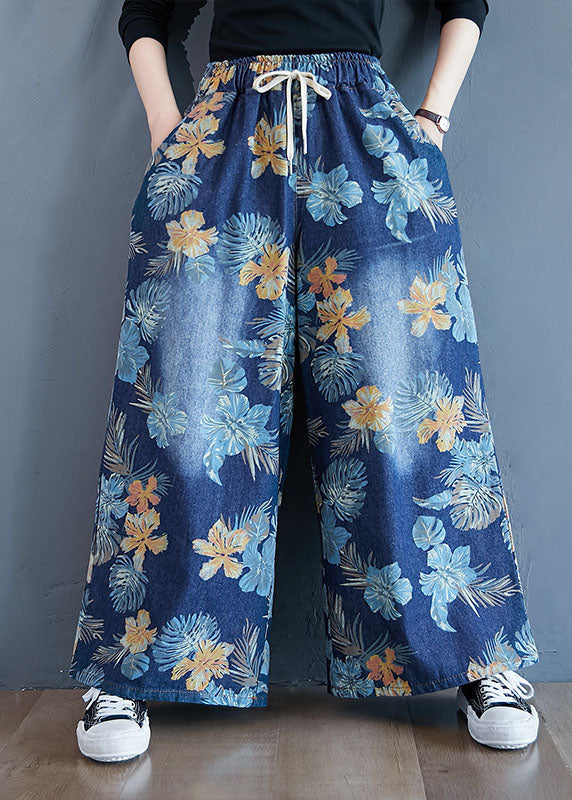 Denim Blue Print Cotton Wide Leg Pants Elastic Waist