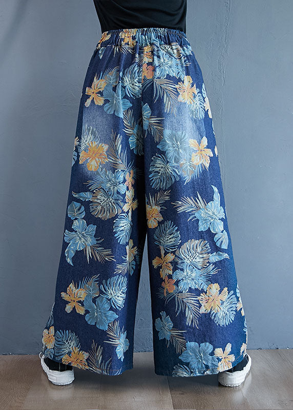 Pantalones anchos de algodón con estampado azul de mezclilla y cintura elástica