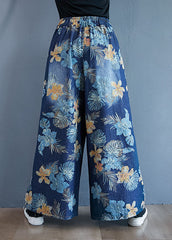 Denim Blue Print Cotton Wide Leg Pants Elastic Waist