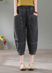 Denim Grey Patchwork Cotton Crop Pants High Waist Pockets