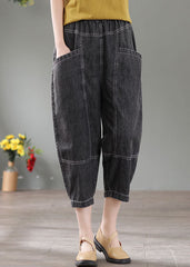 Denim Grey Patchwork Cotton Crop Pants High Waist Pockets