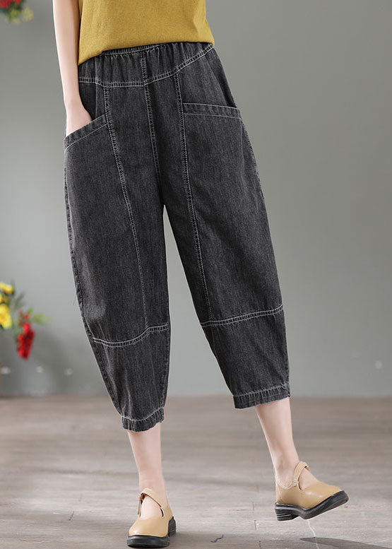 Denim Grey Patchwork Cotton Crop Pants High Waist Pockets