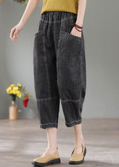 Denim Grey Patchwork Cotton Crop Pants High Waist Pockets