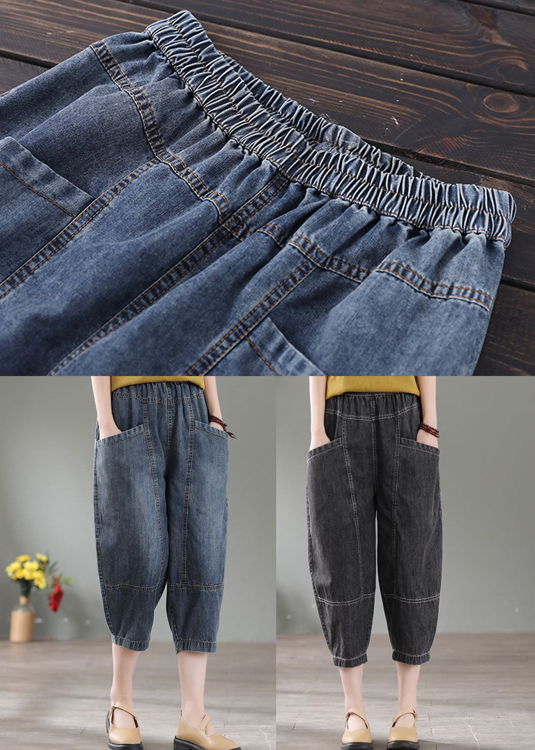 Denim Grey Patchwork Cotton Crop Pants High Waist Pockets