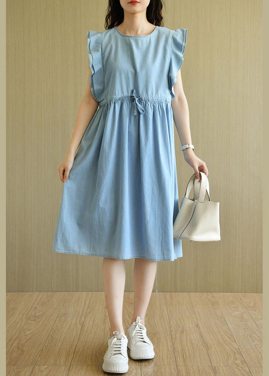 Denim Light Blue O-Necktie Waist Cotton Dresses Sleeveless