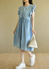 Denim Light Blue O-Necktie Waist Cotton Dresses Sleeveless