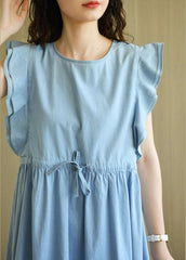 Denim Light Blue O-Necktie Waist Cotton Dresses Sleeveless