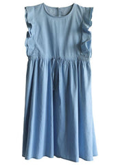 Denim Light Blue O-Necktie Waist Cotton Dresses Sleeveless