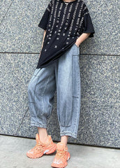 Denim blue pants thin section high waist nine points lantern harem pants