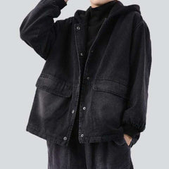 Denim bomber with black hood